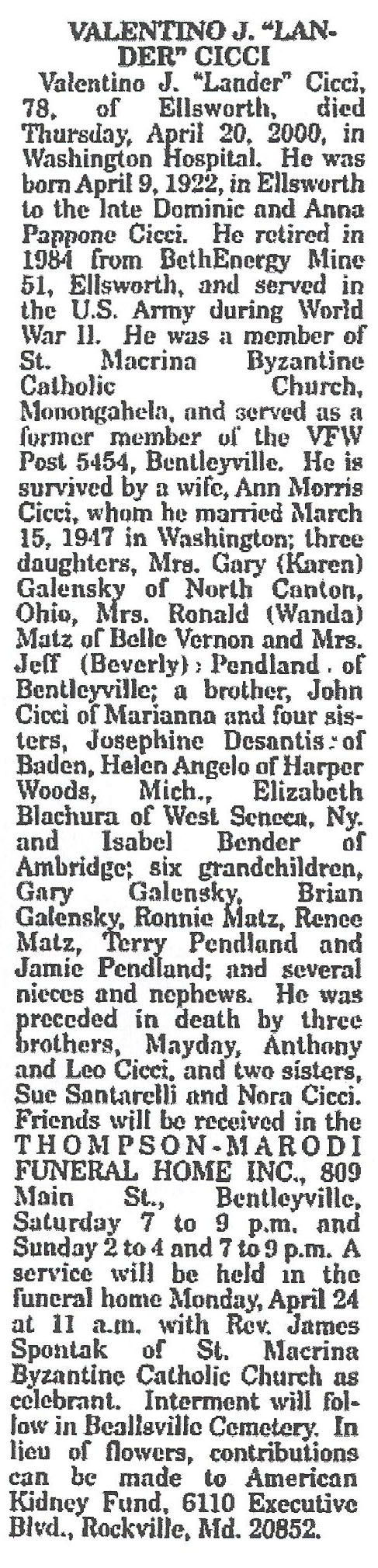 Valentino J. "Lander" Cicci obit