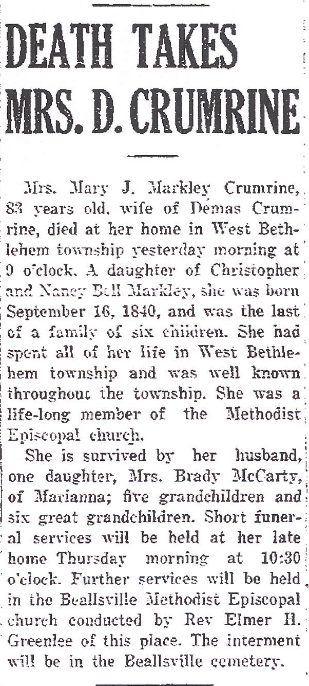 Mary J. Markley Crumrine obit
