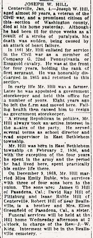 Joseph Welsh Hill obit